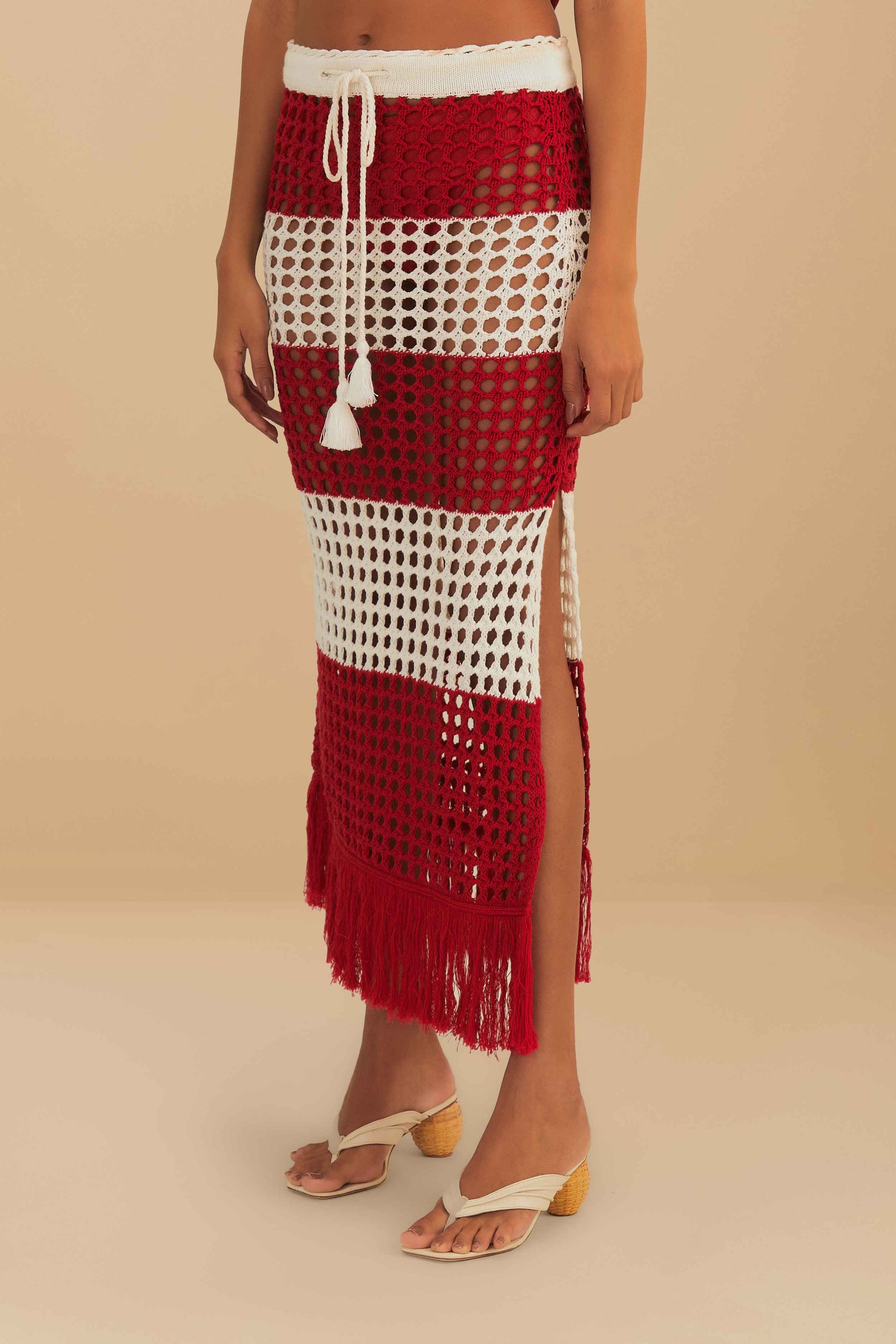 Jupe midi crochet à rayures en coton - Rouge