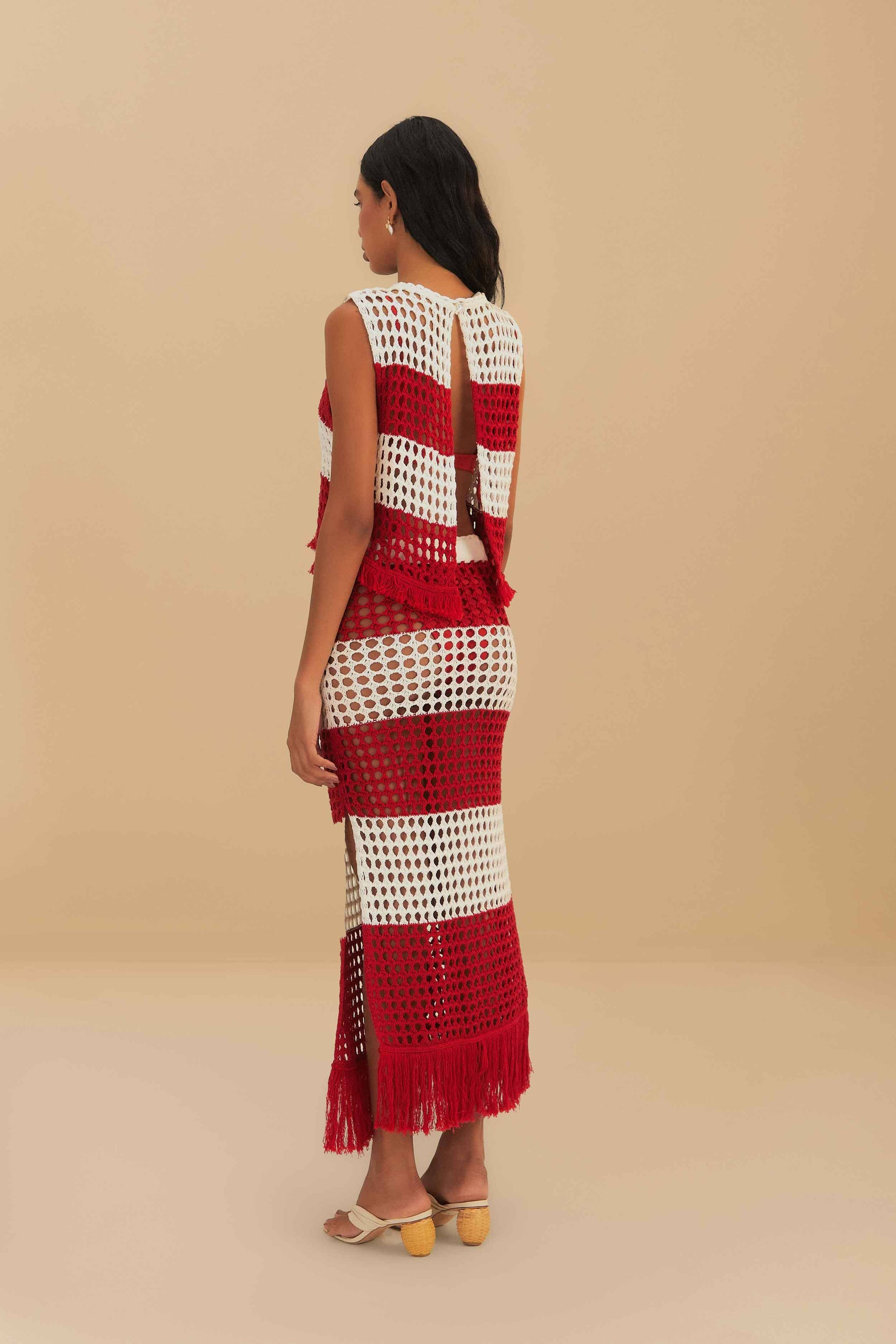Jupe midi crochet à rayures en coton - Rouge