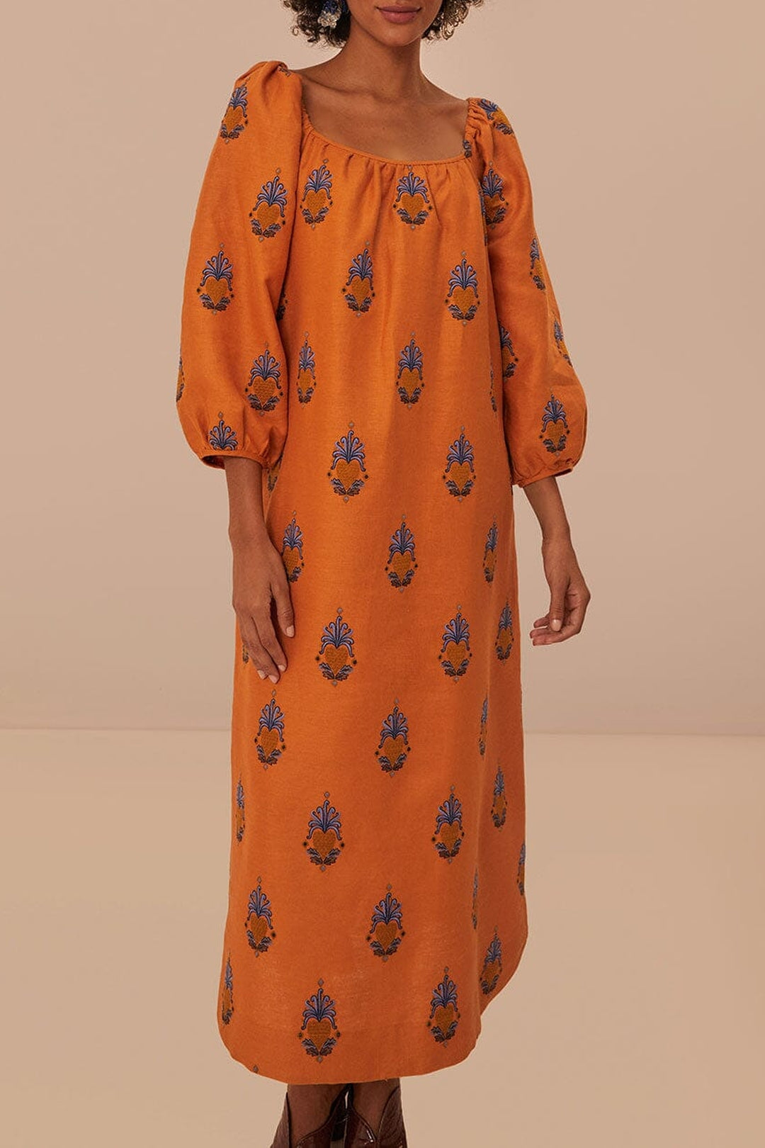Robe longue brodée en lin - Orange