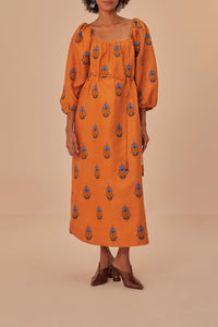 Robe longue brodée en lin - Orange