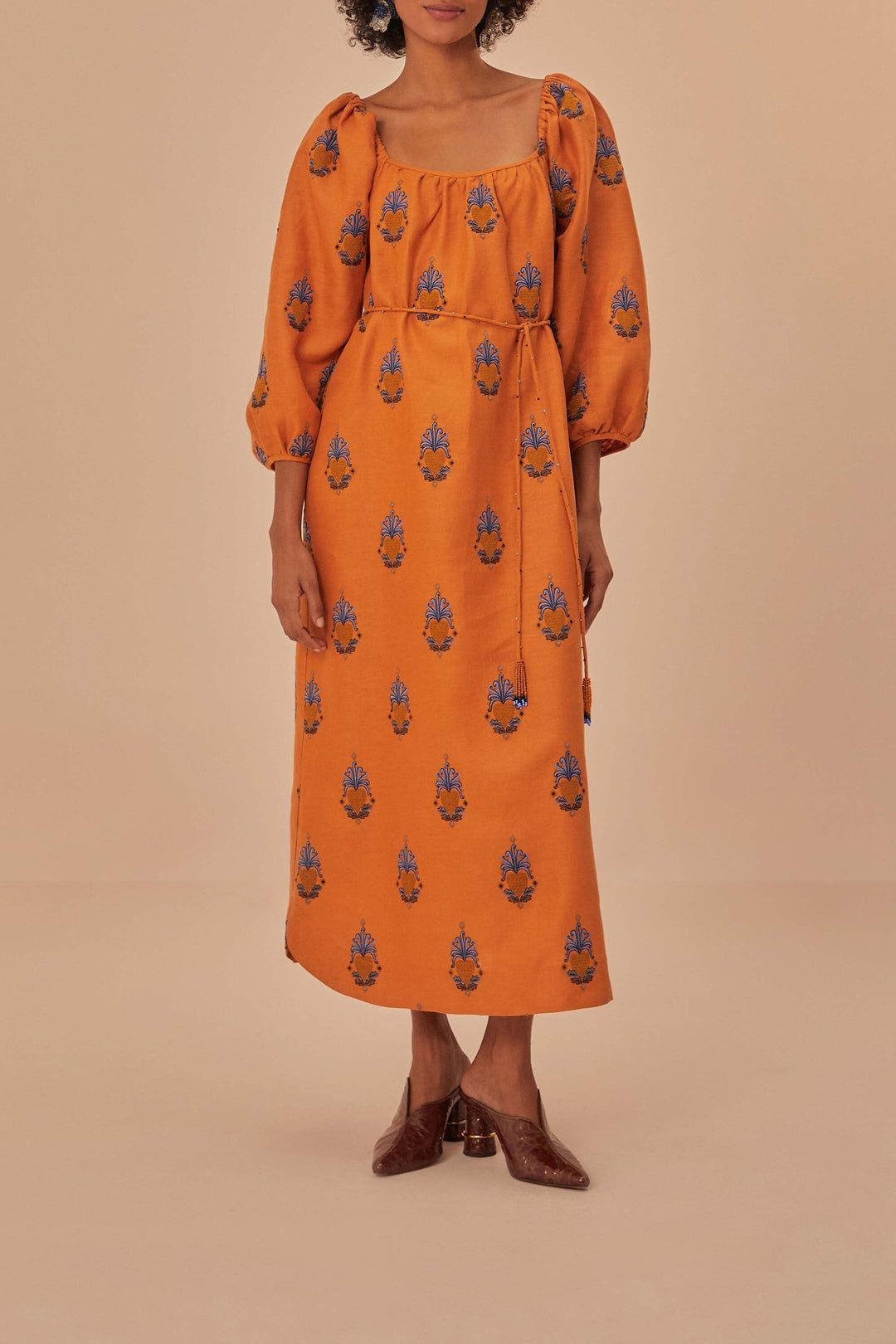Robe longue brodée en lin - Orange