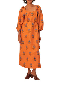 Robe longue brodée en lin - Orange