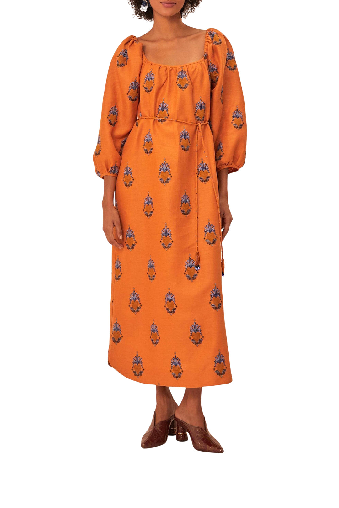 Robe longue brodée en lin - Orange