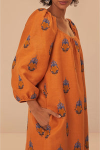 Robe longue brodée en lin - Orange