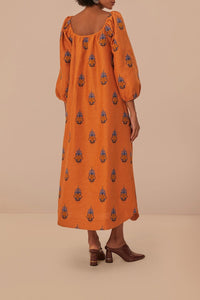 Robe longue brodée en lin - Orange