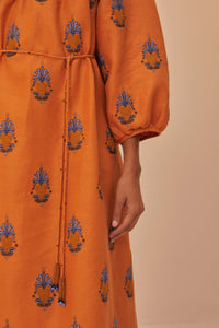 Robe longue brodée en lin - Orange