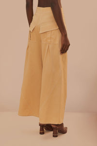 MEDIA OFF LINE_Pantalon surpiqué taille basse en coton - Beige