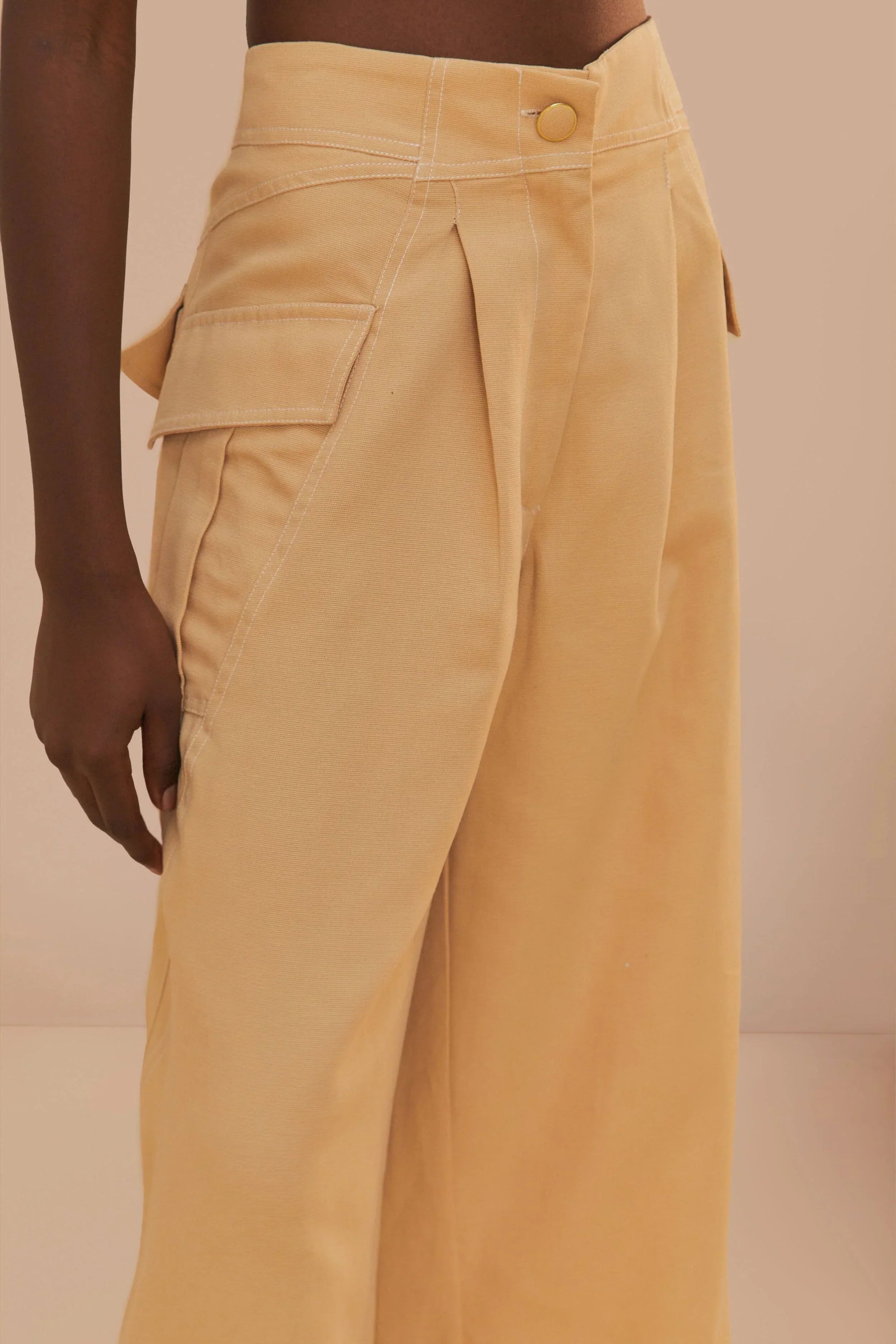 MEDIA OFF LINE_Pantalon surpiqué taille basse en coton - Beige