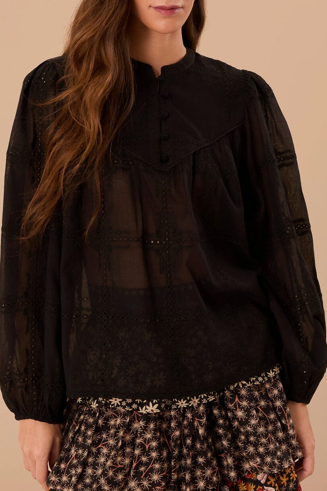 Blouse à manches longues et volants en coton - Noir