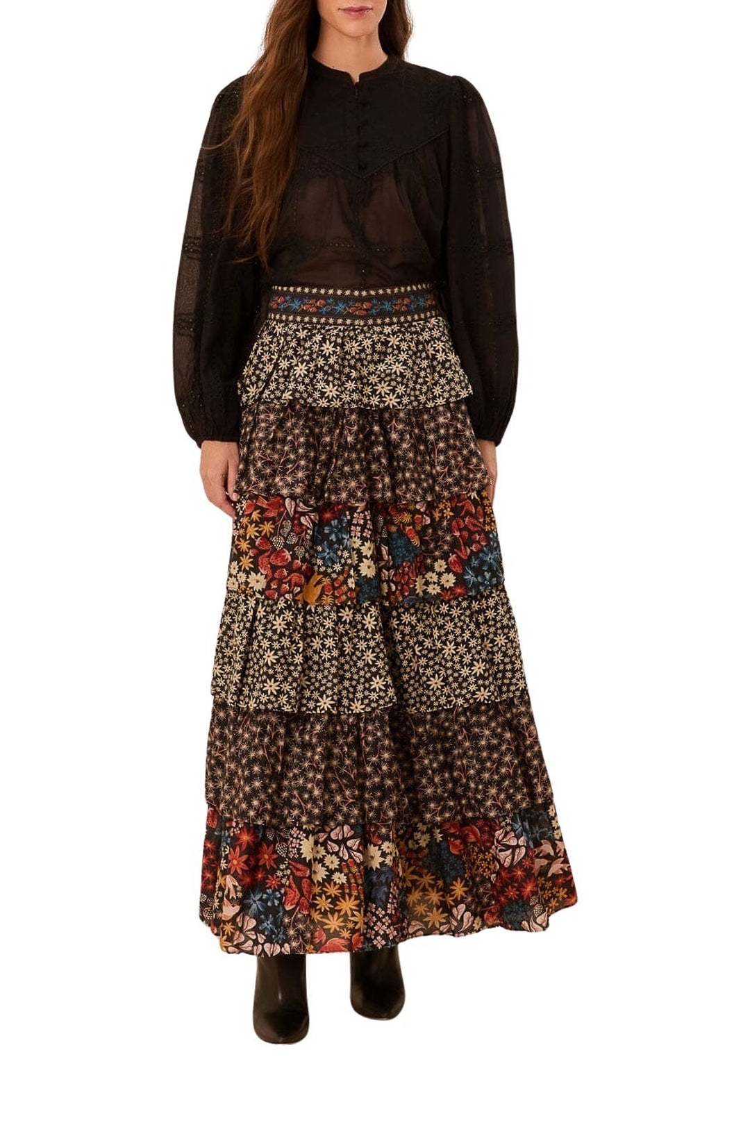 Blouse à manches longues et volants en coton - Noir