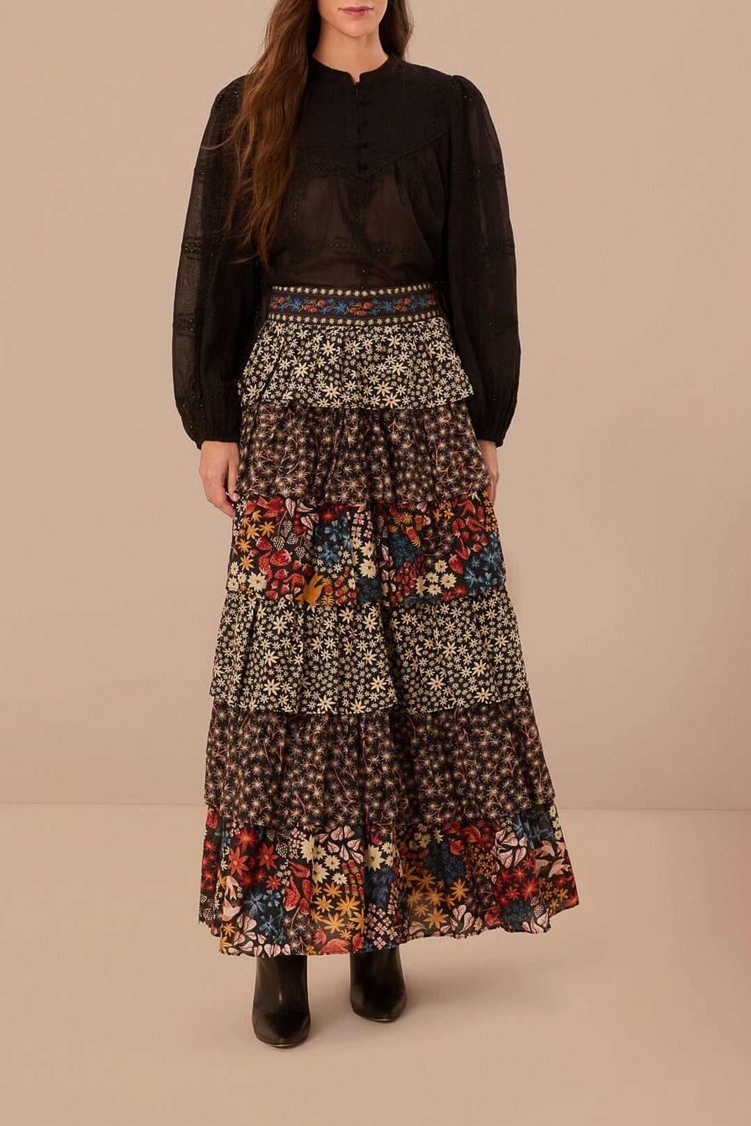 Blouse à manches longues et volants en coton - Noir