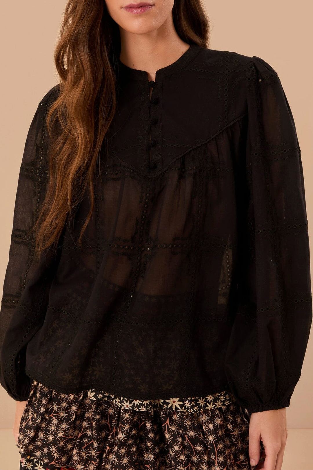 Blouse à manches longues et volants en coton - Noir