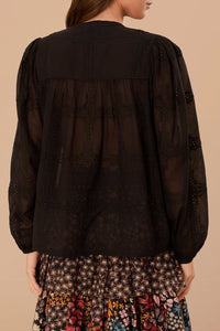 Blouse à manches longues et volants en coton - Noir