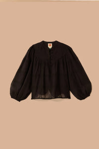 Blouse à manches longues et volants en coton - Noir