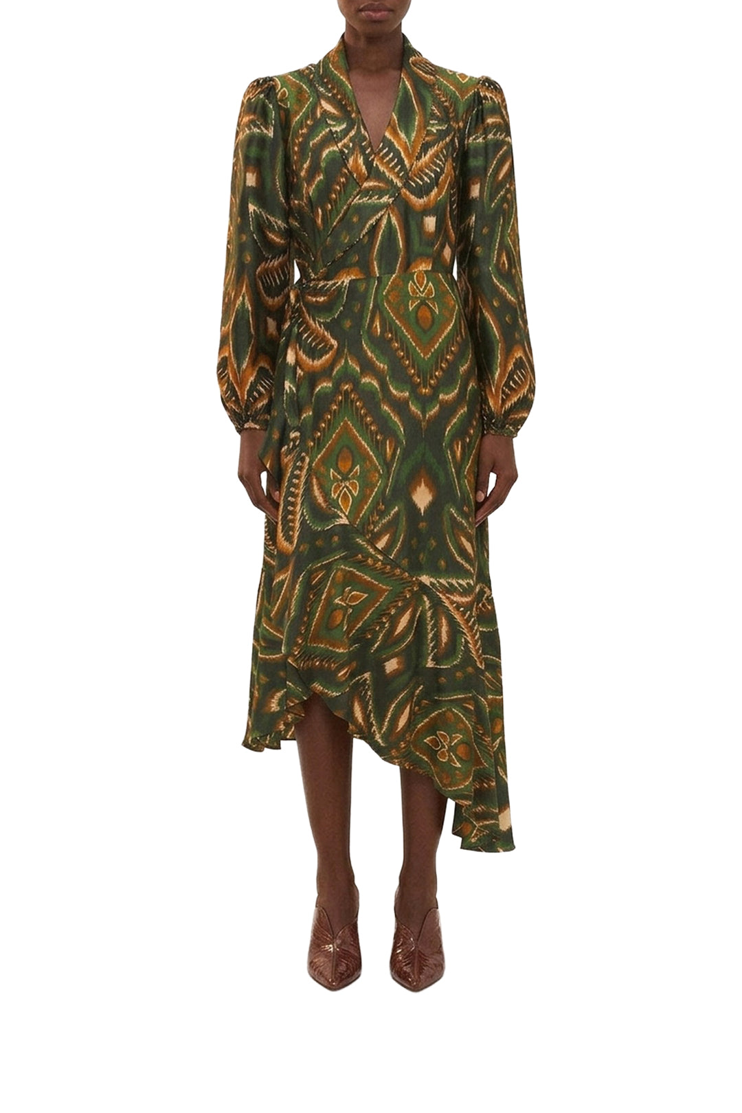 Robe midi Ananas ikat à manches longues - Vert