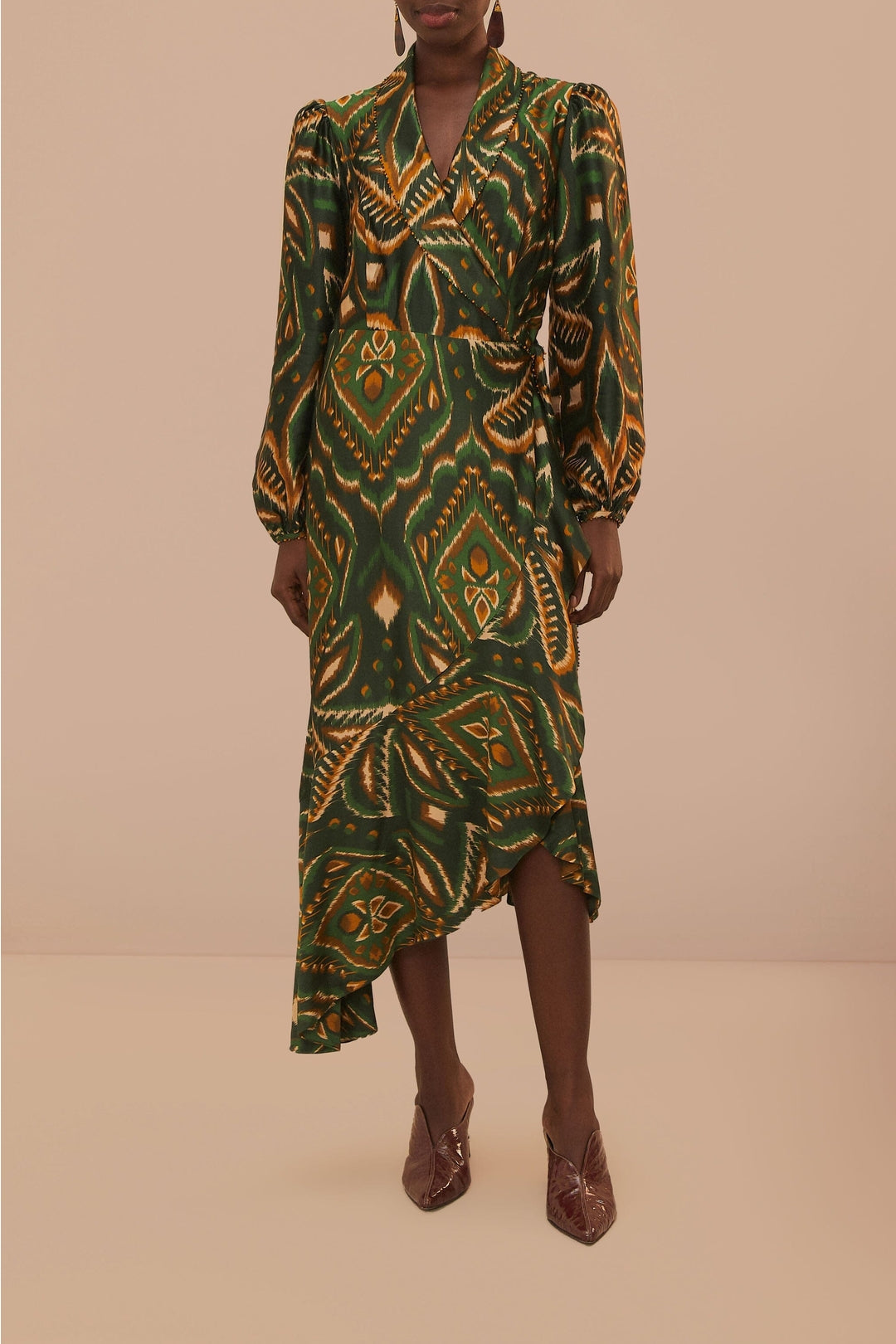 Robe midi Ananas ikat à manches longues - Vert