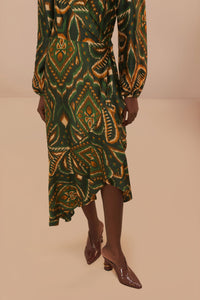 Robe midi Ananas ikat à manches longues - Vert