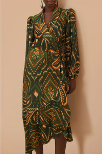 Robe midi Ananas ikat à manches longues - Vert