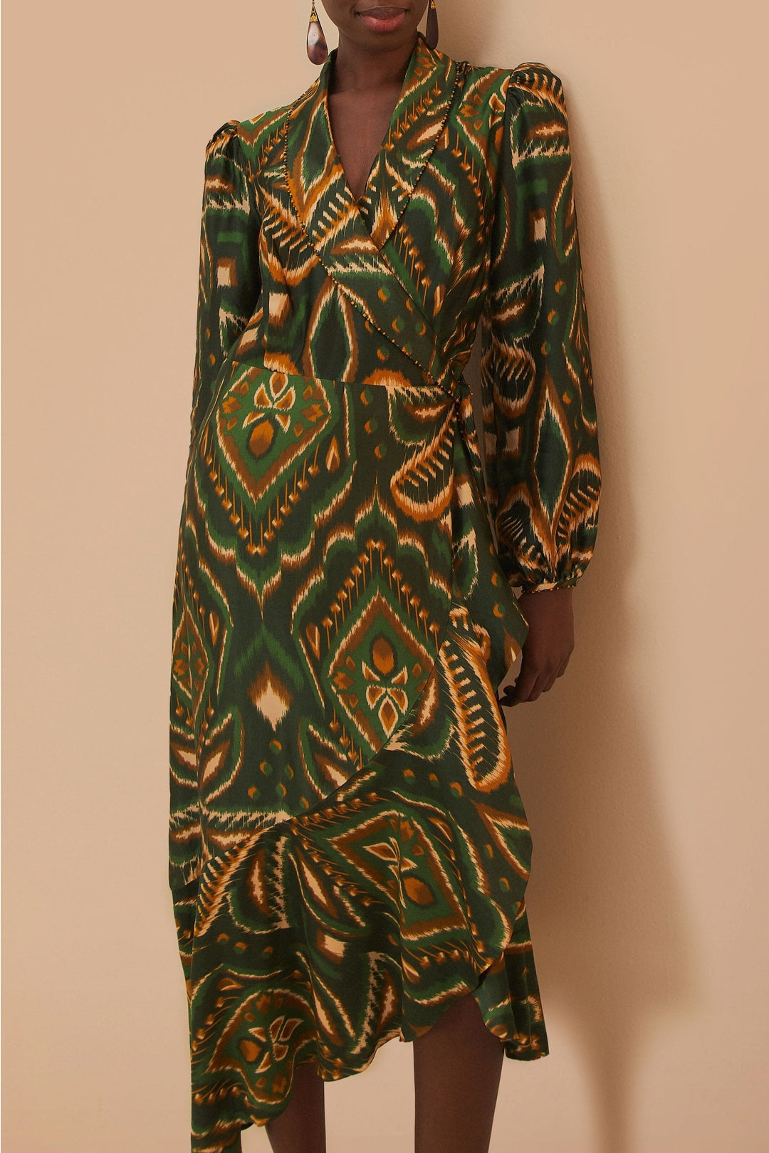 Robe midi Ananas ikat à manches longues - Vert