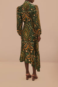 Robe midi Ananas ikat à manches longues - Vert