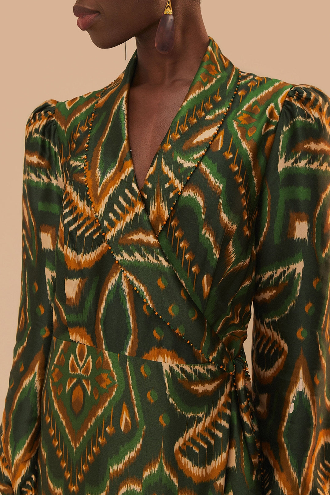 Robe midi Ananas ikat à manches longues - Vert