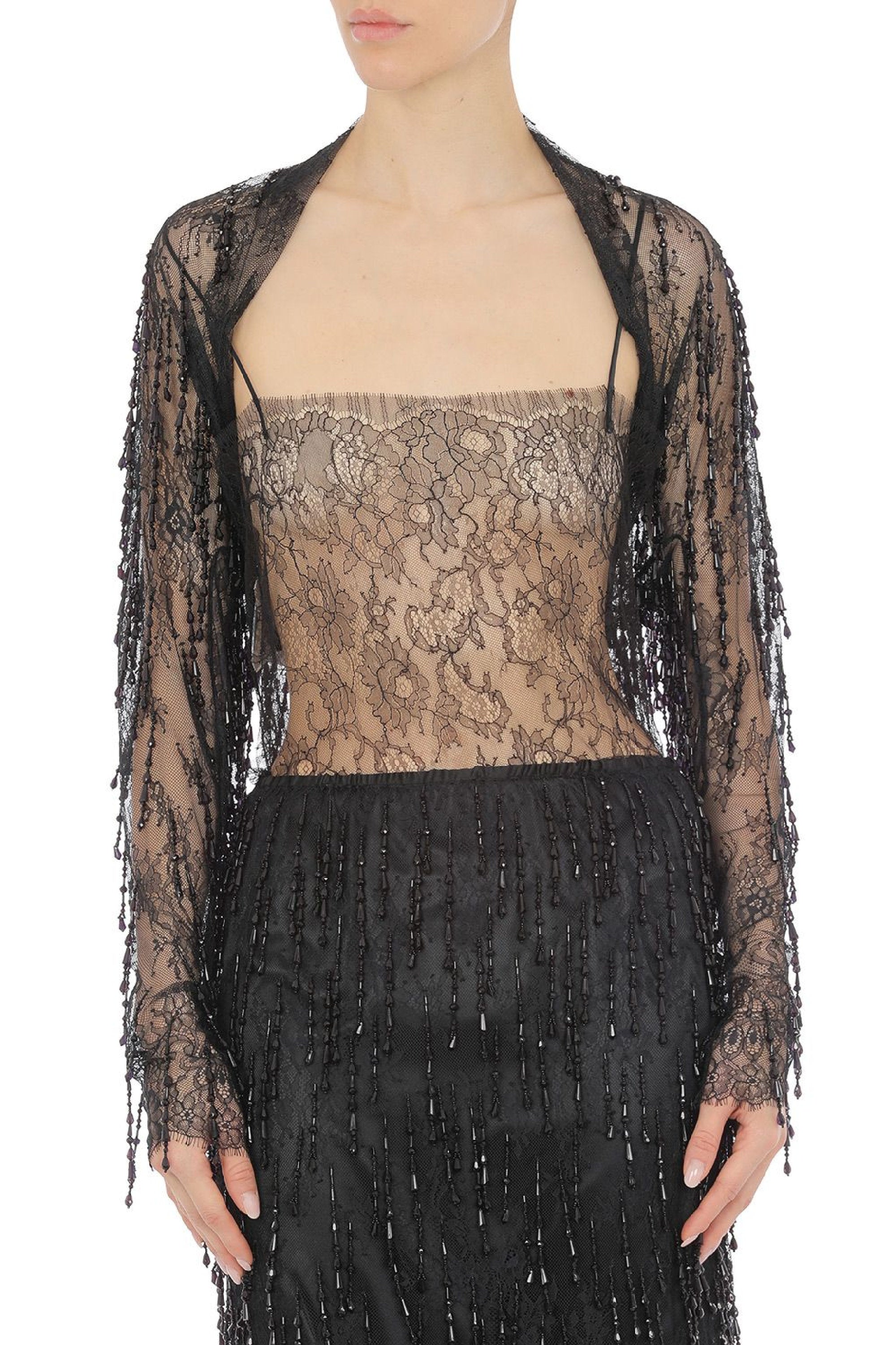 Boléro brodé transparent avec franges - Black