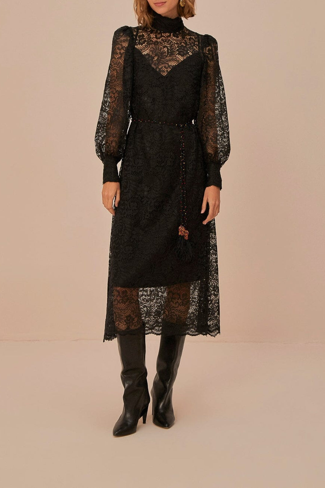 Robe midi en dentelle - Noir