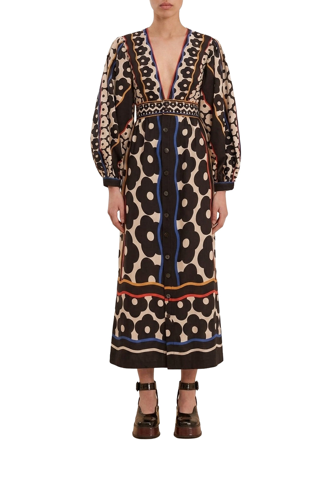 Robe midi à motif marguerite en coton - Noir