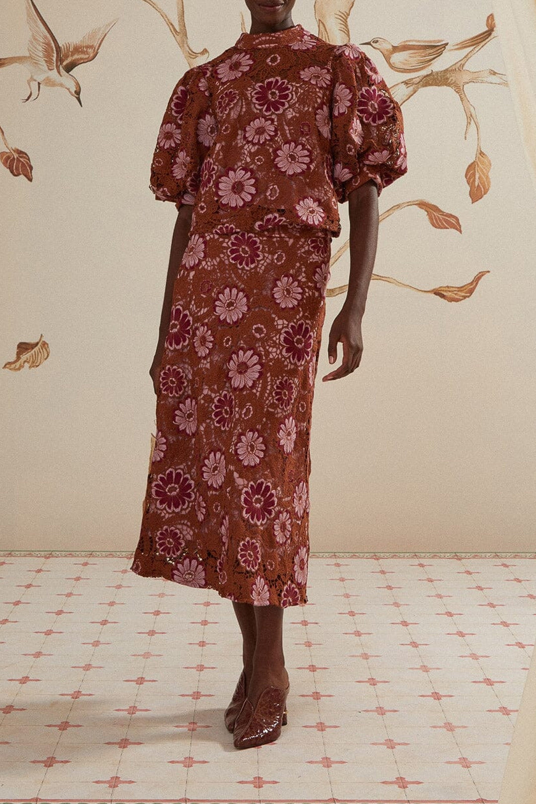 Jupe midi Gigi Tapestry en dentelle - Marron