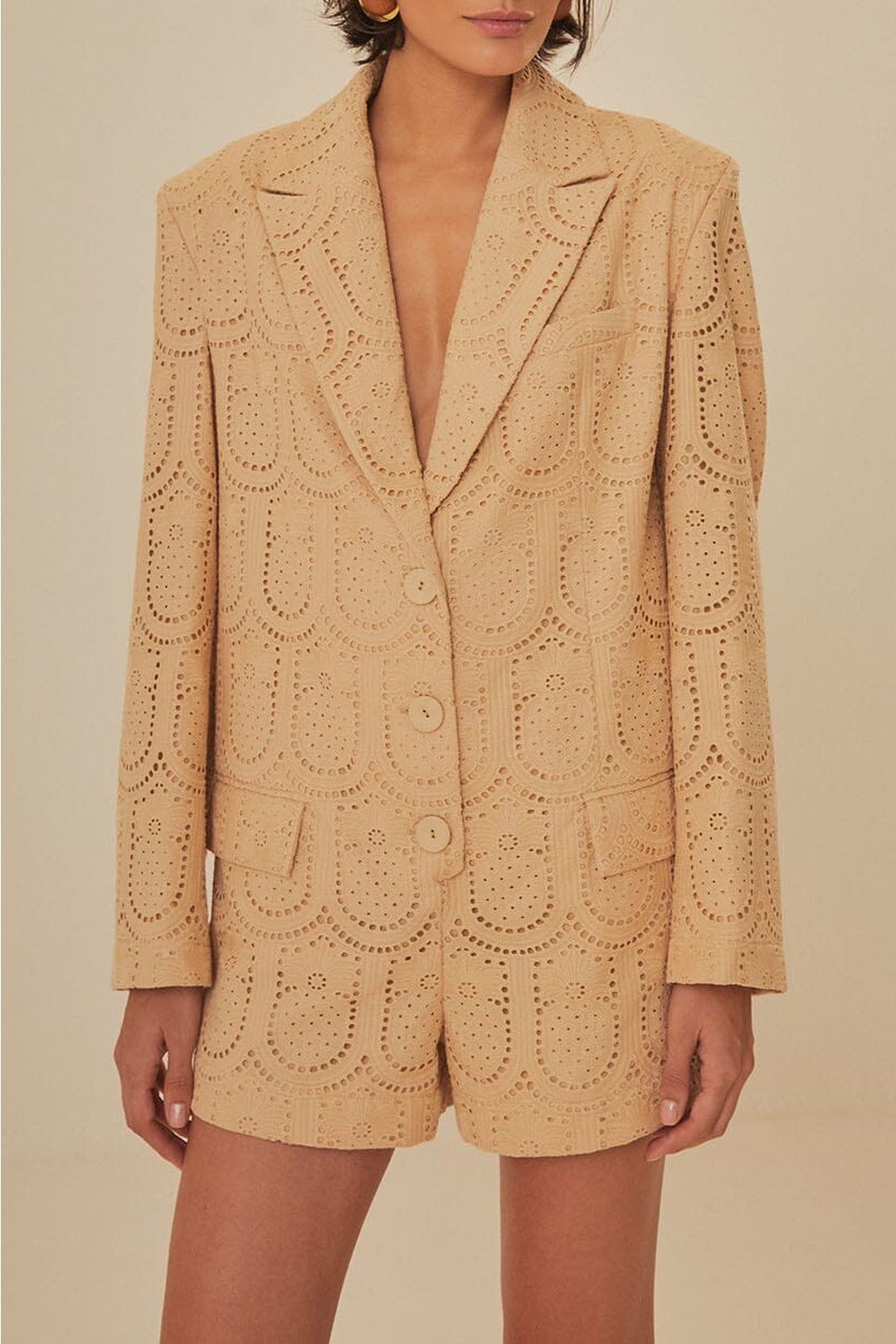 Combi-short ajustée à motif d'œillets en coton - Beige