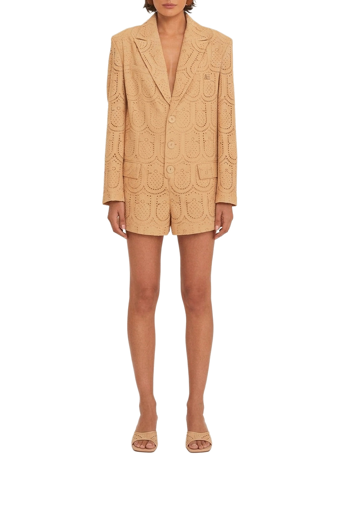 Combi-short ajustée à motif d'œillets en coton - Beige