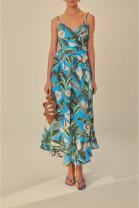 Robe longue croisée Jardin anthurium en lin - Bleu