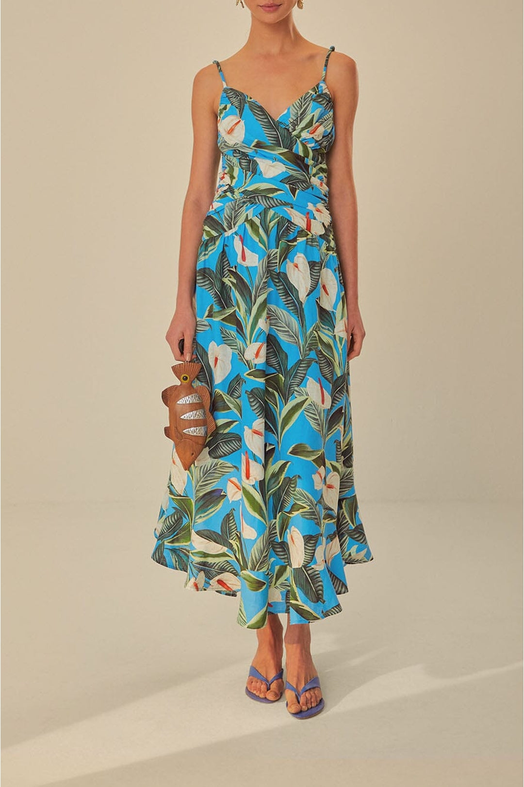 Robe longue croisée Jardin anthurium en lin - Bleu