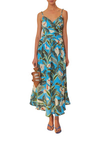 Robe longue croisée Jardin anthurium en lin - Bleu