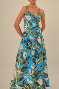 Robe longue croisée Jardin anthurium en lin - Bleu