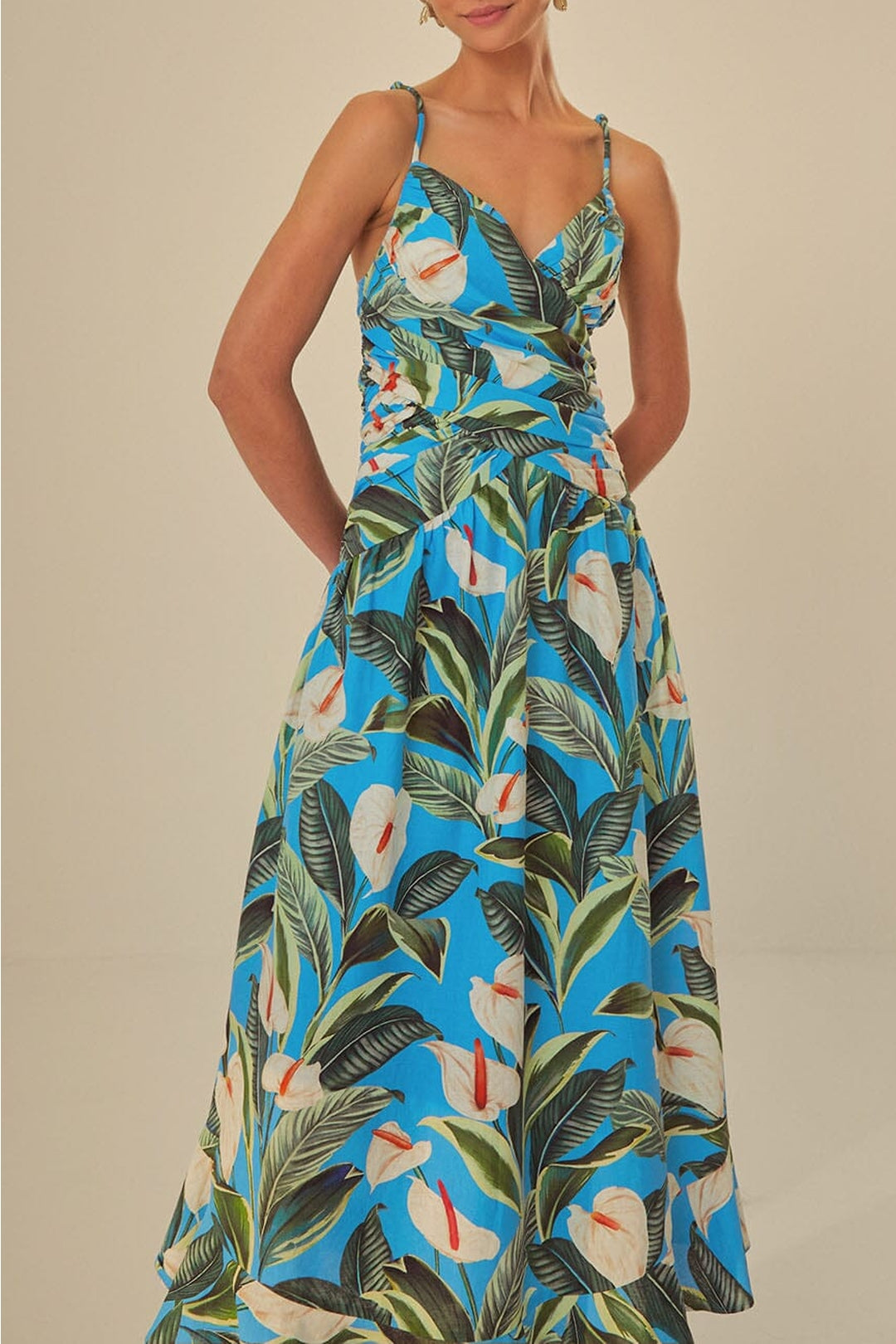Robe longue croisée Jardin anthurium en lin - Bleu