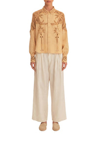 Chemise Richelieu Palmiers à manches longues en lin - Beige