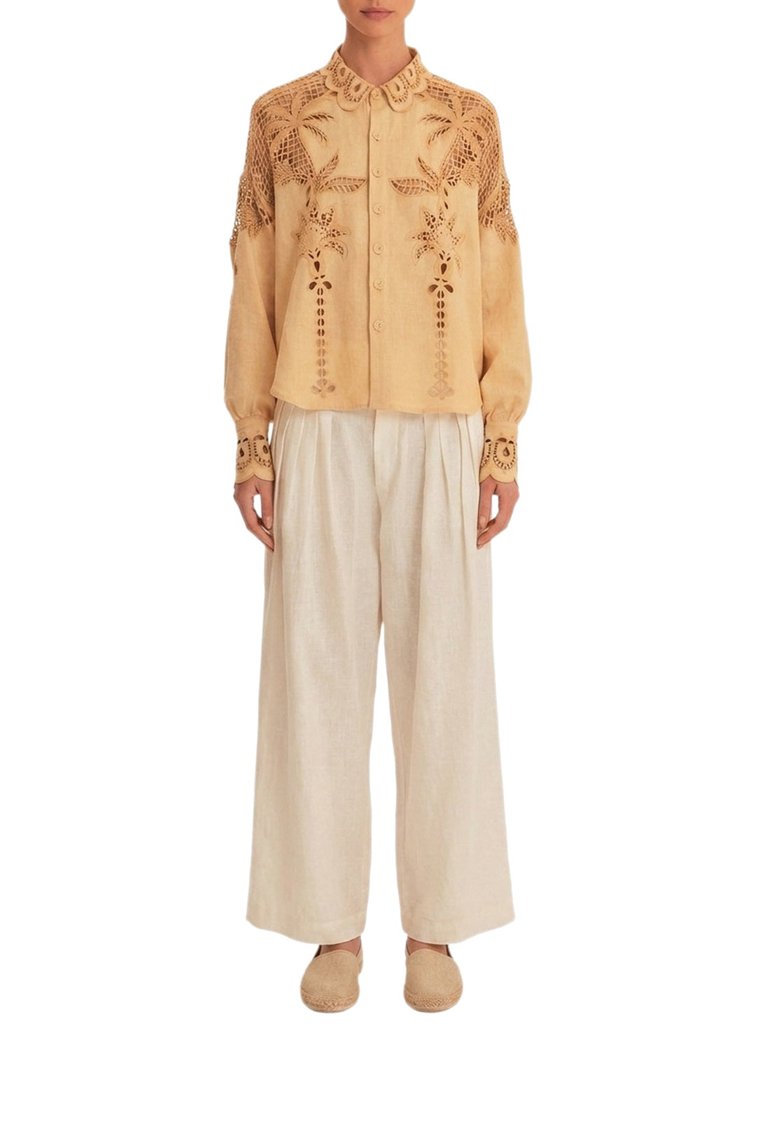Chemise Richelieu Palmiers à manches longues en lin - Beige