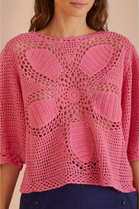 Pull à fleurs en crochet - Rose