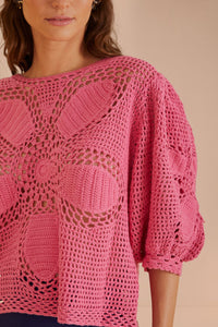 Pull à fleurs en crochet - Rose
