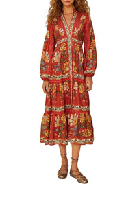 Robe midi Garden delight à manches longues en coton - Rouge
