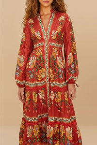 Robe midi Garden delight à manches longues en coton - Rouge