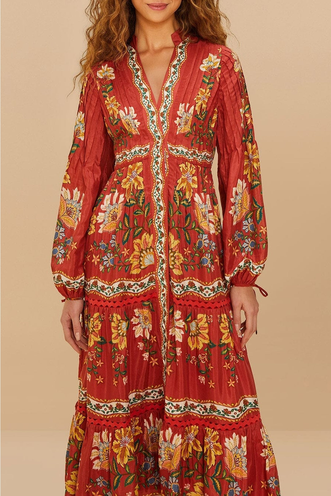 Robe midi Garden delight à manches longues en coton - Rouge