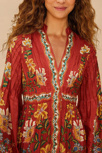 Robe midi Garden delight à manches longues en coton - Rouge