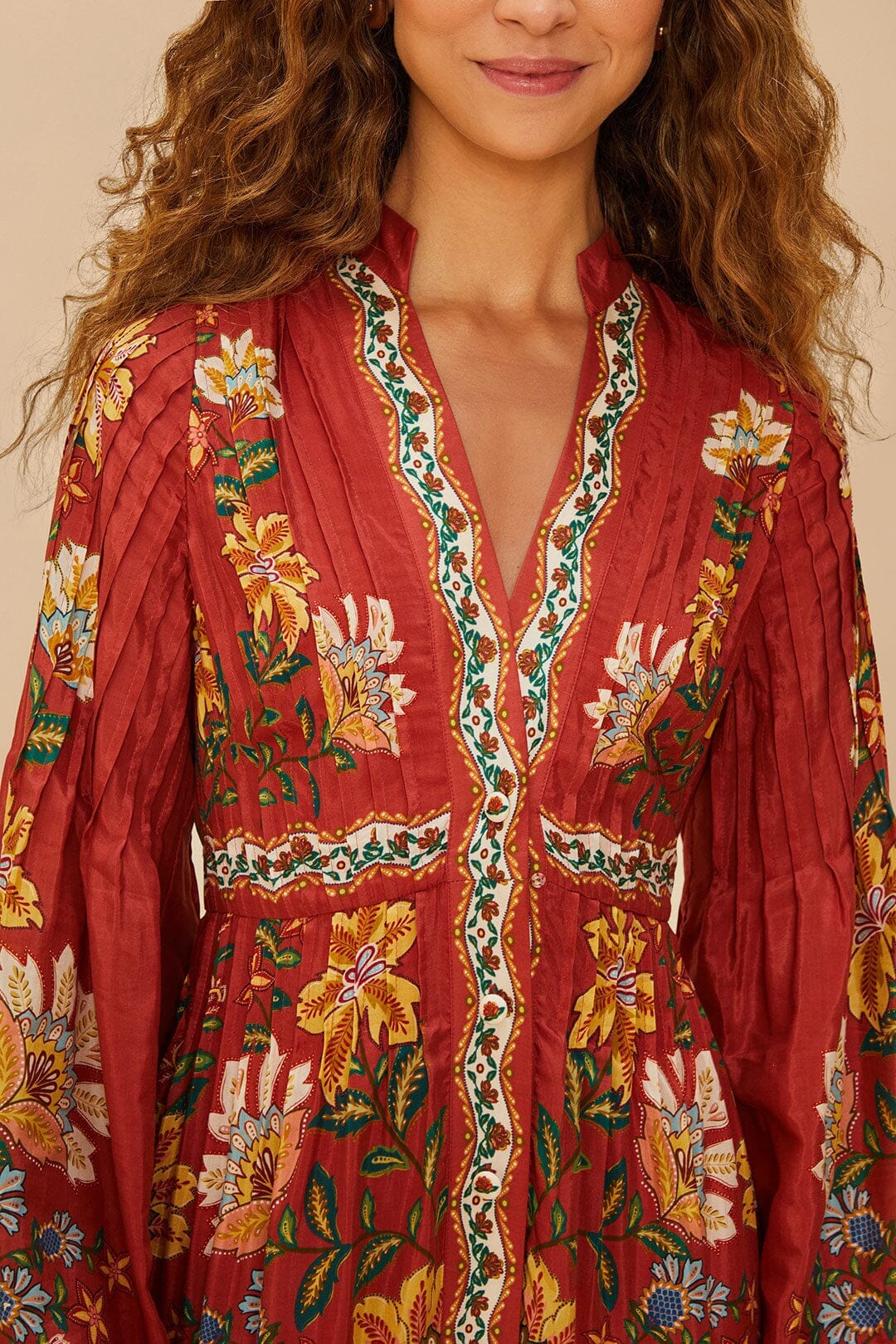 Robe midi Garden delight à manches longues en coton - Rouge