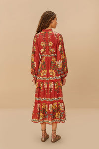 Robe midi Garden delight à manches longues en coton - Rouge