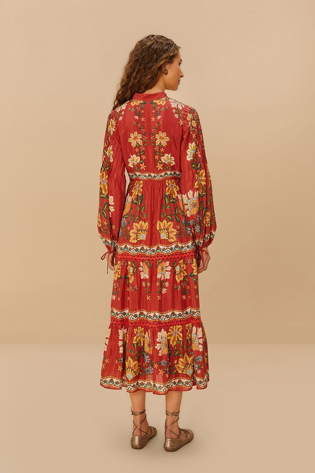 Robe midi Garden delight à manches longues en coton - Rouge