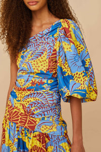Robe longue Jungle Panther asymétrique - Bleu