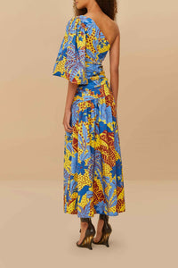 Robe longue Jungle Panther asymétrique - Bleu