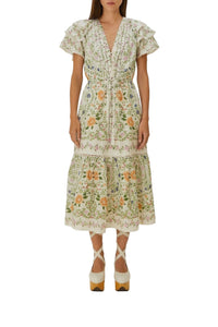 Folk floral midi dress in cotton - White